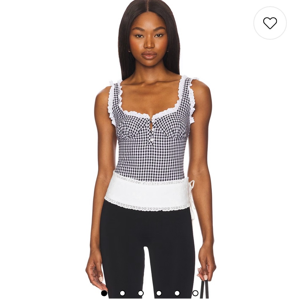 New Free People x Intimately Sz Small Gingham Lace Trim Top Bodysuit Black White